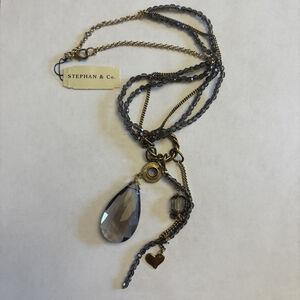 Stephan & Co. Antique Gold Tone Gray Beaded & Drop Pendant Necklace NWT